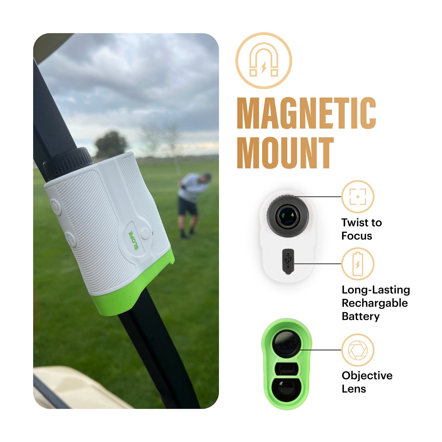 PINSHOT PRO Golf Rangefinder with Slope and Magnet Grip, White